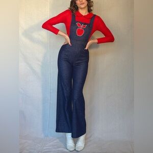 70s red apple Peter Pan collar overall jumpsuit